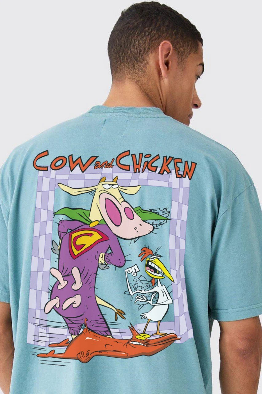 Cow and Chicken Cartoon Oversized Acid Wash T-Shirt – Retro 90s Style Streetwear | Vintage Graphic Tee