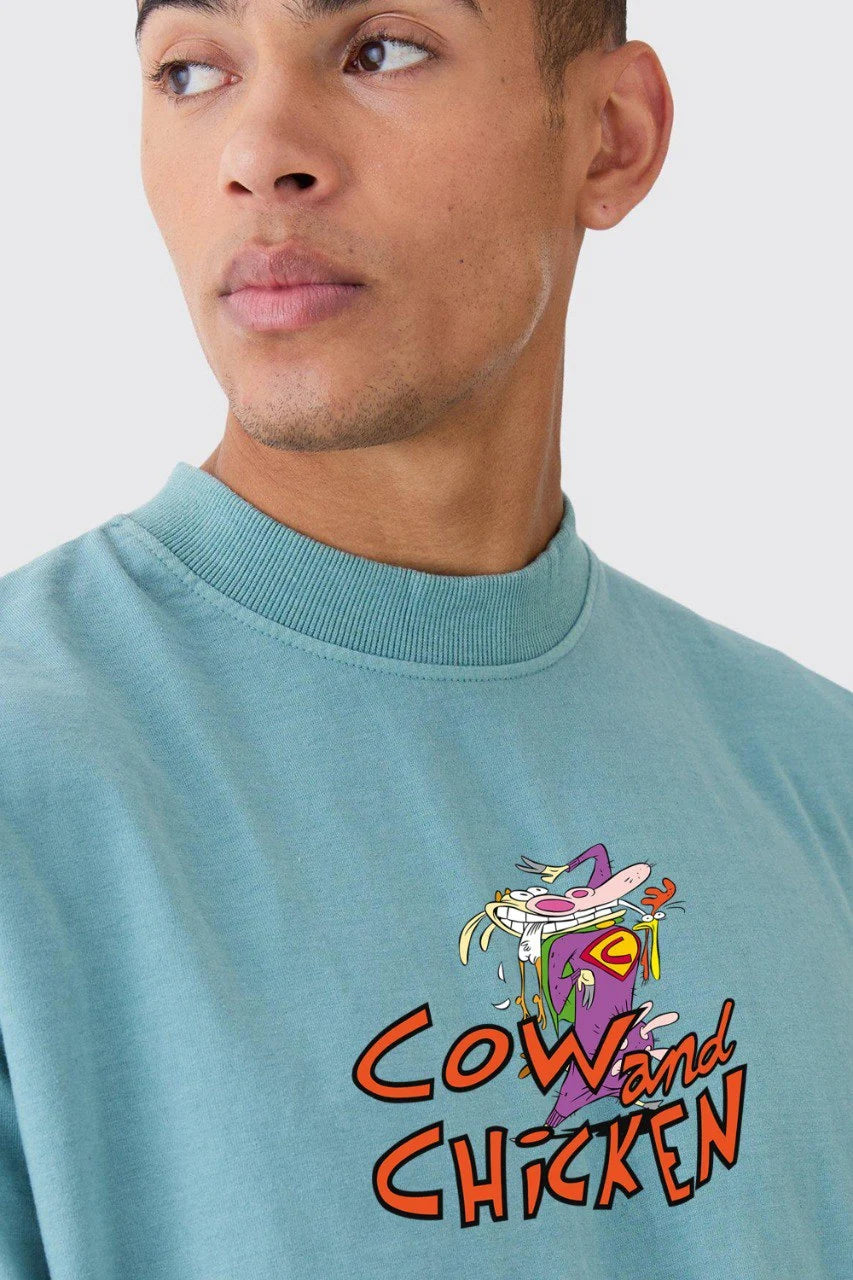 Cow and Chicken Cartoon Oversized Acid Wash T-Shirt – Retro 90s Style Streetwear | Vintage Graphic Tee